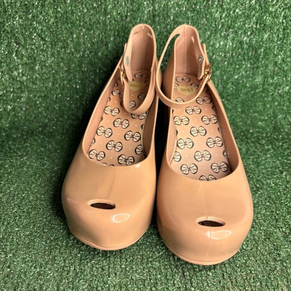 NEW Melissa Jelly Peep Toe Ankle Strap Wedge Sandals Nude Pink Shoes Womens Sz 9